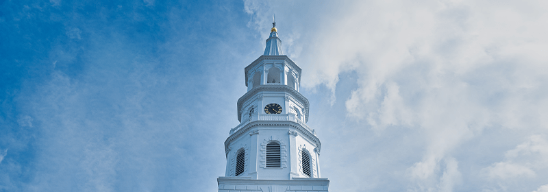 Steeple against blue sky