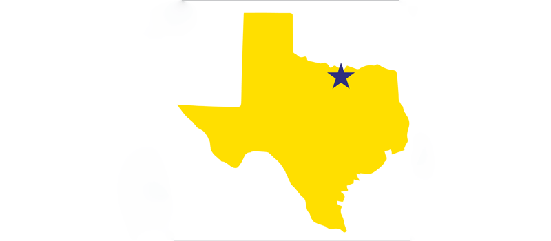 Outline of Texas with Sanger starred
