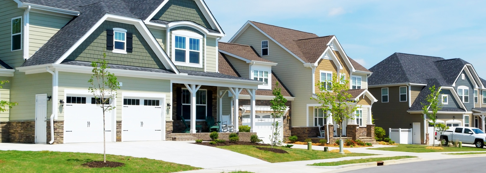 Street view of new houses in neighborhood