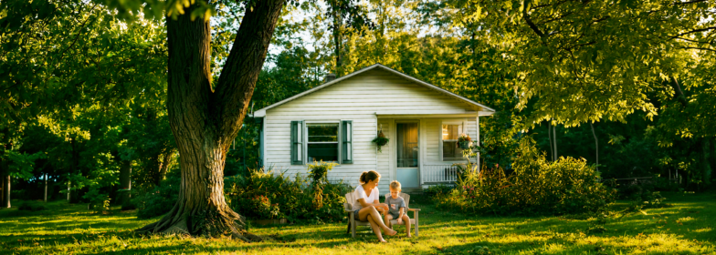 Mom and child sitting together in the front yard of a rural home